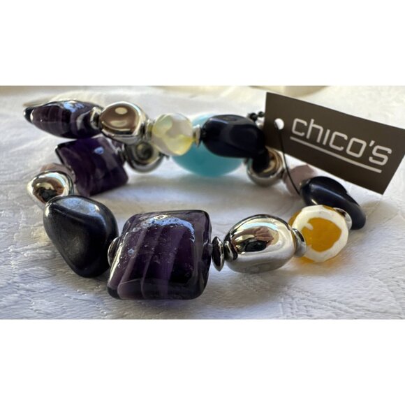 Chico's 2 PC Turquoise Blue Purple Silvertone Stretch Stackable Bracelet - NWT - Picture 3 of 16